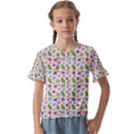 Pattern Flowers Leaves Green Purple Pink Kids  Cuff Sleeve Scrunch Bottom T-Shirt