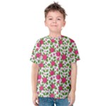 Flowers Leaves Roses Pattern Floral Nature Background Kids  Cotton T-Shirt
