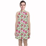 Flowers Leaves Roses Pattern Floral Nature Background Velvet Halter Neckline Dress 