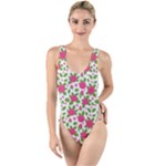 Flowers Leaves Roses Pattern Floral Nature Background High Leg Strappy Swimsuit