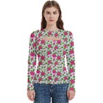 Flowers Leaves Roses Pattern Floral Nature Background Women s Cut Out Long Sleeve T-Shirt