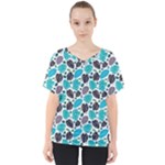 Leaves Monstera Pattern Nature Blue Purple Mauve Flora V-Neck Dolman Drape Top