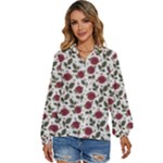 Roses Flowers Leaves Pattern Scrapbook Paper Floral Background Women s Long Sleeve Button Up Shirt