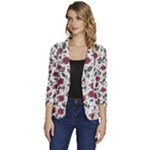 Roses Flowers Leaves Pattern Scrapbook Paper Floral Background Women s One-Button 3/4 Sleeve Short Jacket