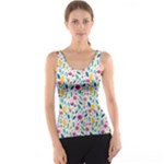 Background Pattern Leaves Pink Flowers Spring Yellow Leaves Women s Basic Tank Top