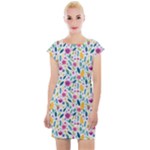 Background Pattern Leaves Pink Flowers Spring Yellow Leaves Cap Sleeve Bodycon Dress