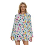 Background Pattern Leaves Pink Flowers Spring Yellow Leaves Round Neck Long Sleeve Bohemian Style Chiffon Mini Dress