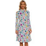 Background Pattern Leaves Pink Flowers Spring Yellow Leaves Long Sleeve Shirt Collar A-Line Dress