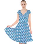 Blue Wave Sea Ocean Pattern Background Beach Nature Water Cap Sleeve Front Wrap Midi Dress