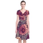 Flowers Pattern Texture Design Nature Art Colorful Surface Vintage Short Sleeve Front Wrap Dress