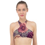 Flowers Pattern Texture Design Nature Art Colorful Surface Vintage High Neck Bikini Top
