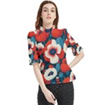 Red Poppies Flowers Art Nature Pattern Frill Neck Blouse