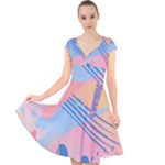 Abstract Lines Dots Pattern Purple Pink Blue Cap Sleeve Front Wrap Midi Dress