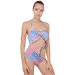 Abstract Lines Dots Pattern Purple Pink Blue Scallop Top Cut Out Swimsuit