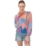 Abstract Lines Dots Pattern Purple Pink Blue Banded Bottom Chiffon Top