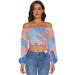 Abstract Lines Dots Pattern Purple Pink Blue Long Sleeve Crinkled Weave Crop Top