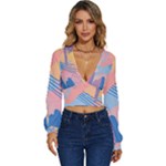 Abstract Lines Dots Pattern Purple Pink Blue Long Sleeve Deep-V Velour Top