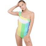 Rainbow Cloud Background Pastel Template Multi Coloured Abstract Frilly One Shoulder Swimsuit