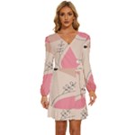 Pink Pattern Line Art Texture Minimalist Design Long Sleeve Waist Tie Ruffle Velvet Dress
