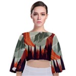 Mountain Travel Canyon Nature Tree Wood Tie Back Butterfly Sleeve Chiffon Top