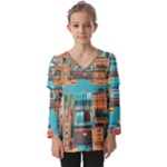 City Painting Town Urban Artwork Kids  V Neck Casual Top