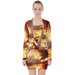 Wave Art Mood Water Sea Beach V-neck Bodycon Long Sleeve Dress