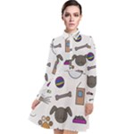 Cat Dog Pet Doodle Cartoon Sketch Cute Kitten Kitty Animal Drawing Pattern Long Sleeve Chiffon Shirt Dress