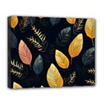 Gold Yellow Leaves Fauna Dark Background Dark Black Background Black Nature Forest Texture Wall Wall Canvas 14  x 11  (Stretched)