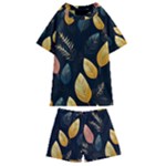 Gold Yellow Leaves Fauna Dark Background Dark Black Background Black Nature Forest Texture Wall Wall Kids  Swim T-Shirt and Shorts Set