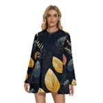 Gold Yellow Leaves Fauna Dark Background Dark Black Background Black Nature Forest Texture Wall Wall Round Neck Long Sleeve Bohemian Style Chiffon Mini Dress