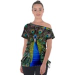 Peacock Bird Feathers Pheasant Nature Animal Texture Pattern Off Shoulder Tie-Up T-Shirt
