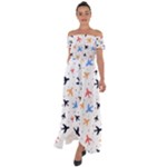 Airplane Pattern Plane Aircraft Fabric Style Simple Seamless Off Shoulder Open Front Chiffon Dress