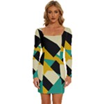 Geometric Pattern Retro Colorful Abstract Long Sleeve Square Neck Bodycon Velvet Dress