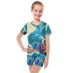 Waves Ocean Sea Abstract Whimsical Abstract Art Pattern Abstract Pattern Water Nature Moon Full Moon Kids  Mesh T-Shirt and Shorts Set