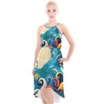 Waves Ocean Sea Abstract Whimsical Abstract Art Pattern Abstract Pattern Water Nature Moon Full Moon High-Low Halter Chiffon Dress 