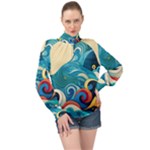 Waves Ocean Sea Abstract Whimsical Abstract Art Pattern Abstract Pattern Water Nature Moon Full Moon High Neck Long Sleeve Chiffon Top