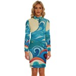 Waves Ocean Sea Abstract Whimsical Abstract Art Pattern Abstract Pattern Water Nature Moon Full Moon Long Sleeve Shirt Collar Bodycon Dress