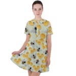 Bees Pattern Honey Bee Bug Honeycomb Honey Beehive Short Sleeve Shoulder Cut Out Dress 