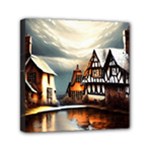 Village Reflections Snow Sky Dramatic Town House Cottages Pond Lake City Mini Canvas 6  x 6  (Stretched)