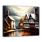 Village Reflections Snow Sky Dramatic Town House Cottages Pond Lake City Canvas 20  x 16  (Stretched)