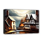 Village Reflections Snow Sky Dramatic Town House Cottages Pond Lake City Deluxe Canvas 18  x 12  (Stretched)