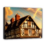 Village House Cottage Medieval Timber Tudor Split-timber Frame Architecture Town Twilight Chimney Canvas 14  x 11  (Stretched)