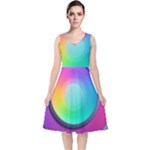 Circle Colorful Rainbow Spectrum Button Gradient Psychedelic Art V-Neck Midi Sleeveless Dress 