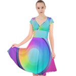 Circle Colorful Rainbow Spectrum Button Gradient Psychedelic Art Cap Sleeve Front Wrap Midi Dress