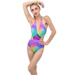 Circle Colorful Rainbow Spectrum Button Gradient Psychedelic Art Plunging Cut Out Swimsuit