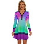 Circle Colorful Rainbow Spectrum Button Gradient Psychedelic Art Long Sleeve Deep V Mini Dress 