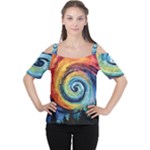 Cosmic Rainbow Quilt Artistic Swirl Spiral Forest Silhouette Fantasy Cutout Shoulder T-Shirt
