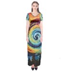 Cosmic Rainbow Quilt Artistic Swirl Spiral Forest Silhouette Fantasy Short Sleeve Maxi Dress