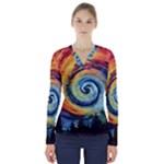 Cosmic Rainbow Quilt Artistic Swirl Spiral Forest Silhouette Fantasy V-Neck Long Sleeve Top