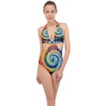 Cosmic Rainbow Quilt Artistic Swirl Spiral Forest Silhouette Fantasy Halter Front Plunge Swimsuit